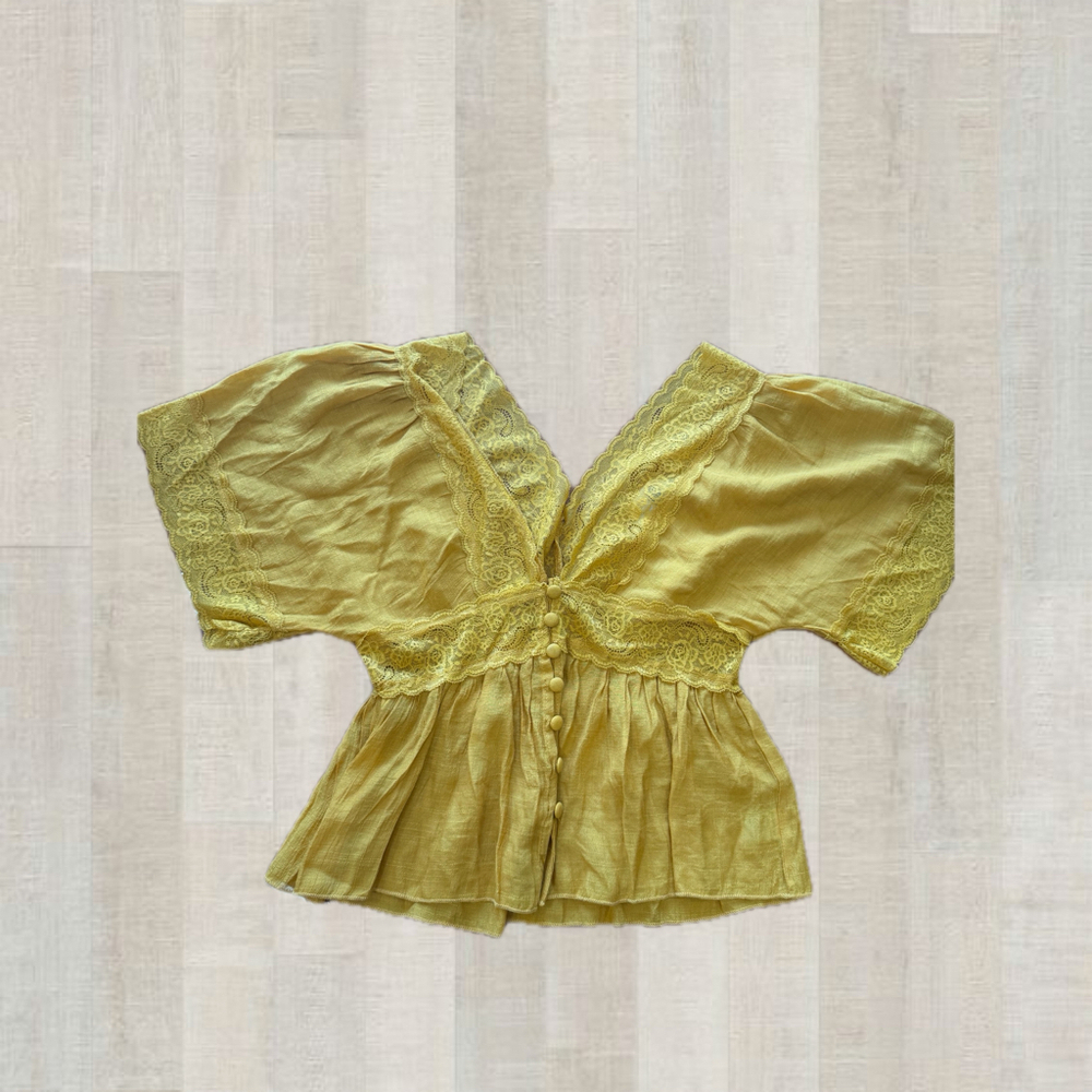 American Flirt Mustard Lace Boho Peplum Blouse Women’s Small Button Front